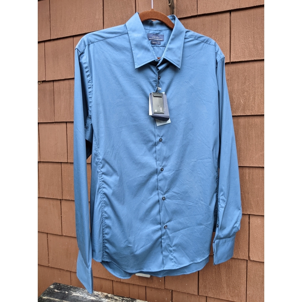 NWT Zara Man Blue long sleeve button down collared slim fit shirt xxl